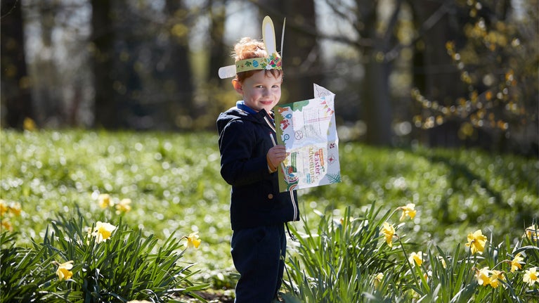 A smiley child standing amongst daffodils in the sunny woodland wearing bunny ears and holding an Easter trail activity sheet